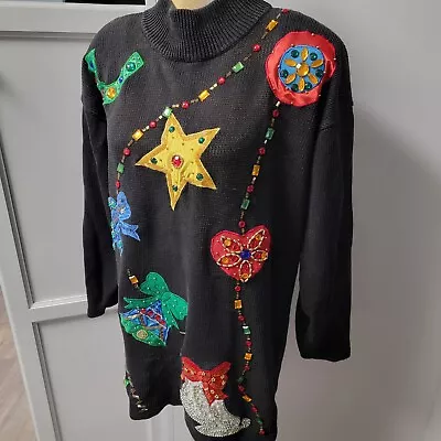 Victoria Jones 1X Christmas Sweater Black Beaded Embellished Vintage 80s 90s  • $22.99