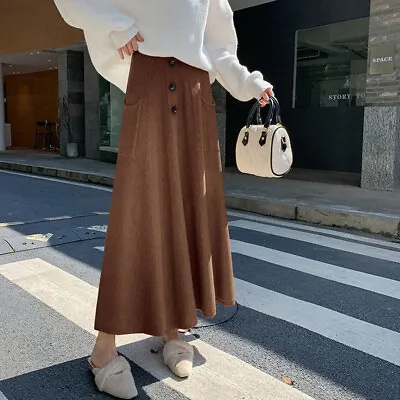 Womens Pocket High Waist Button A Line Long Knitted Skirt Slim Winter Maxi Dress • $34.99