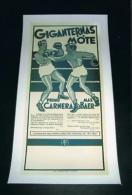 VERY RARE 1934 MAX BAER Vs PRIMO CARNERA WORLD CHAMPIONSHIP Boxing Linen Poster • $750