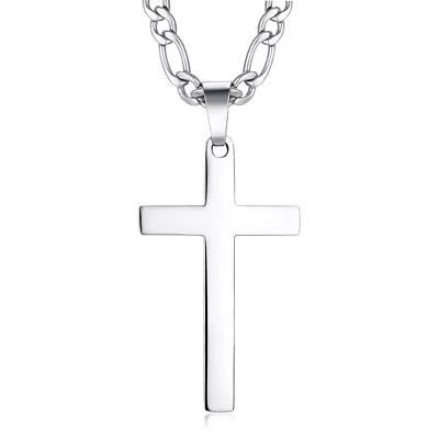 Men Women Cross Necklace Boy Silver Stainless Steel Pendant Figaro Chain Gfit • $9.99