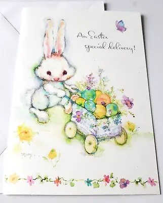 Vintage Greeting Card Easter Mary Hamilton Bunny With Cart Full Of Eggs • $3