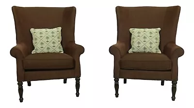 53315EC: Pair BERNHARDT Brown Upholstered Wing Chairs • $1695