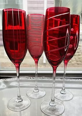 Mikasa Cheers Ruby Red Champagne Flute Swirl Dot Line Barware Set Of 4 • $49.99