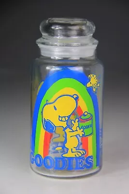 Vintage Peanuts Snoopy Glass Rainbow Goodies Canister Cookie Jar Lid Woodstock • $25.99