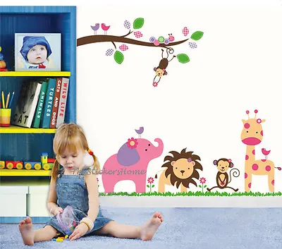 £8.41 • Buy Huge Jungle Animals Giraffe Lion Monkey Wall Stickers Kids Girls Nursery Decals
