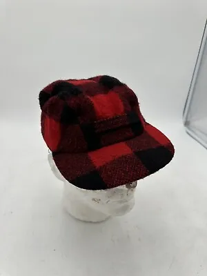 VTG 50s WOOLRICH WOOL TRAPPER CAP HAT RED BLACK BUFFALO PLAID HUNT SIZE 7 • $39.99