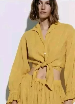 New ZARA Womens Mustard Yellow Tie Front Ramie Shirt Blouse Size M £32.99 BNWT  • £15.99