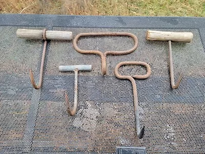 Lot Of 5 Vintage Hay Bale Metal Hooks Ice Meat Wood Primitive Tool Farm Barn • $39.95