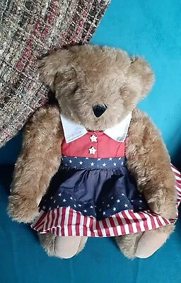 Vermont Teddy Bear Honey Brown Plush Red White Blue Dress 16” Jointed Handmade • $9.99