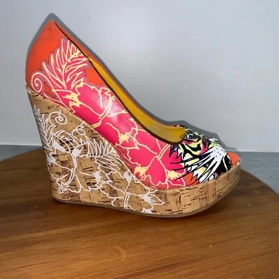 Ed Hardy Women's Size 6 Wedge Heels Pump Orange Tiger Floral Peep Toe Y2K • $34.99