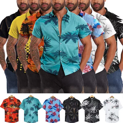 Men's Hawaiian Shirt Floral Palm Tree Sunset Surf Beach Holiday Party Stag Dance • £8.79