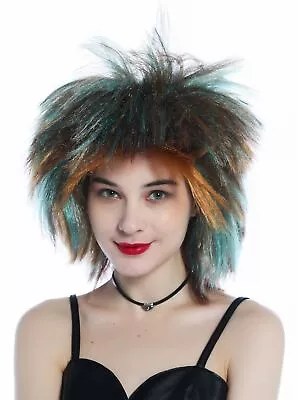 Wig Ladies Men's Carnival Punk Wave Braun Colorful Streaks Tall Backcombs 80s • $8.53