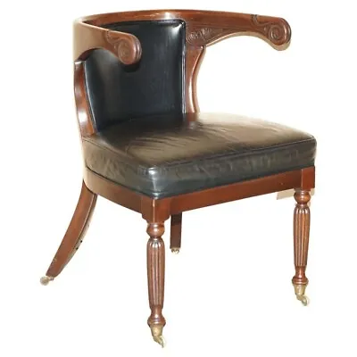 Antique Original Regency 1815 Black Leather Mahogany Horseshoe Office Desk Chair • $4786.90
