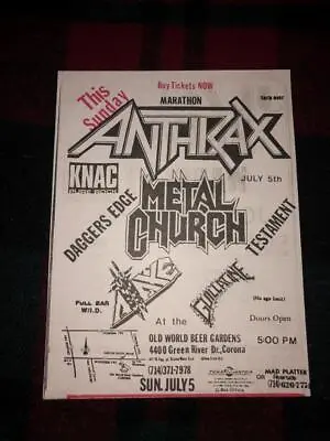 '87 ANTHRAX-METAL CHURCH-TESTAMENT Metal Flyer Dbl Sided 5.5x7.25 Punk Kbd • $25