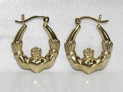 9ct Yellow Gold & Silver Ladies Claddagh Creole Hoop Earrings • £14.95