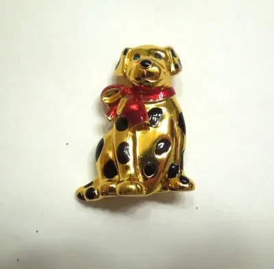 Vintage Jewelry Carolee Dog Brooch Goldtone Black Red Dalmation Bow Signed • $18.95