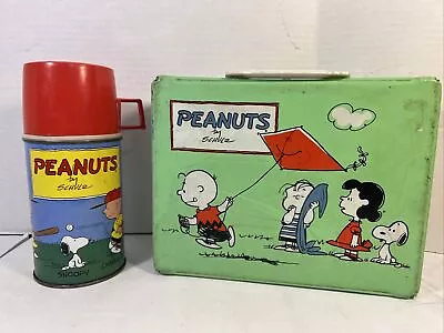 Vintage 1971 Peanuts Green Vinyl Lunchbox Thermos Lunch Box Clean With Thermos • $89