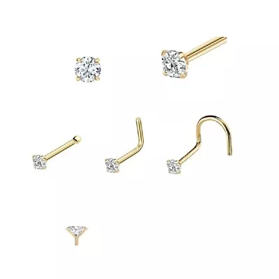 14K Yellow Gold 20G 18G Diamond Nose Ring With Choose L-Shape Nose Bone Or Screw • $27.37