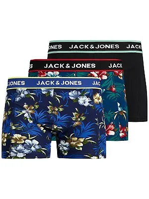 £17.99 • Buy Jack & Jones Mens New 3 Pack Trunks Boxer Shorts Underwear Black Blue Flowers