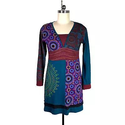 Vintage Psychedelic Art Print Cotton Knit Mini Dress L Boho Hippie Festival Vtg • $32