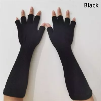 Knitted Pure Black Warm Work Gloves Elbow Long Arm Warmers Half Finger Gloves • $8.35