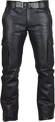 Men's Real Black Leather Pants Cargo 6 Pockets Pants Bikers Jeans Trouser • $119