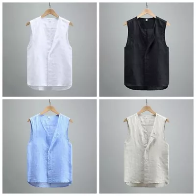 Men Linen Waistcoat Plain Chinese Vest Top Sleeveless Jacket Casual Summer • £29.88