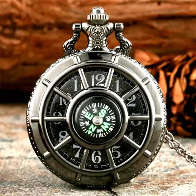 Compass Design Vintage Hollow Skeleton Pocket Watch Black Starry Round Dial Gift • $23.98