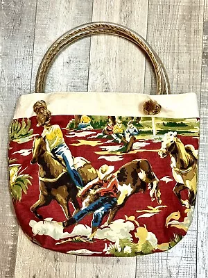 Vtg Handmade Cowboy Classic Western Cotton Bark Cloth Horses Purse Tote Handbag • $23