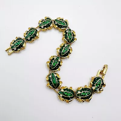 Vintage Frog Charm Slide Bracelet Green Enamel Clear Rhinestone Gold Tone • $29.95