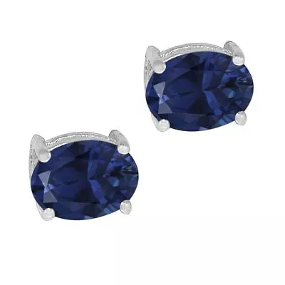 East-West Oval Blue Sapphire Gemstone 925 Sterling Silver Tiny Dainty Earrings • £26.32