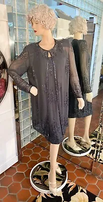 Charcoal Gray Beaded Mother Of The Bride Sleeveless Dress & Tunic Jacket M • $44.99