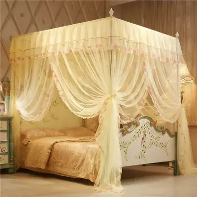 4 Posters Corners Bed Canopy Princess Queen 150*200  Mosquito Bedding Net  • £51.19