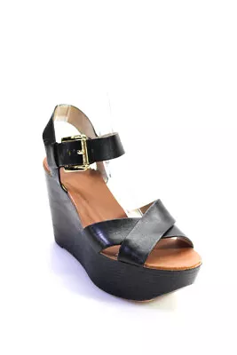 Michael Michael Kors Womens Leather Buckled Strap Platform Wedges Black Size 7 • $42.69