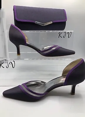 Jacques Vert NEW Slingback Shoes Size 5 Slate Grey/Purple Trim/Matching Bag VGC. • £54