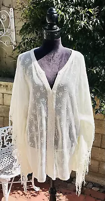 Old Stock NT Bohemian Lace Max Studio Festival Day Trip Fringe Poncho Blouse LXL • $28