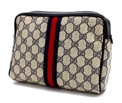 Gucci Vintage Bag Clutch Handbag Purse Sherry GG Supreme Navy Medium Authentic • $276.99