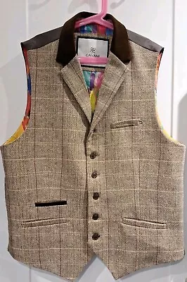 Vintage Check Waistcoat Formal Tweed Tan Mens Vest Jacket 40R Wedding Meeting • £24.99