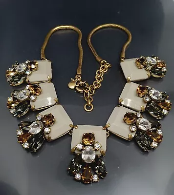 Vintage J Crew Gold Tone Gray Lucite Rhinestone 21.5  Signed Chunky Necklace • $40