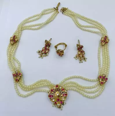 Vintage Gold Plated Mughal Indian Bridal Wedding Necklace Earrings Ring • $695