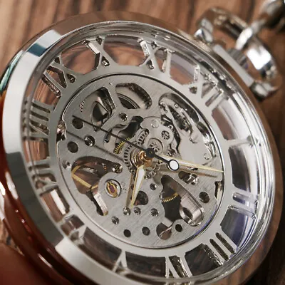 Elegant Classic Transparent Skeleton Silver Mechanical Hand Wind Pocket Watches • $13.86