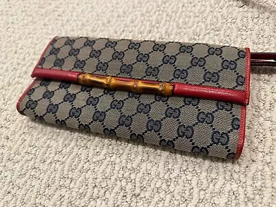 Authentic Gucci | Beige-Red Bamboo GG Monogram Canvas Clutch • $195