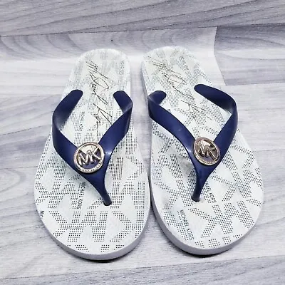 Michael Kors Thong Sandals Size 8 White Blue Gold Logo MK Flip Flops Summer • $13.98