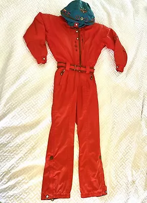 Vintage 80s Obermeyer Women Red Aztec Ski Suit Jumpsuit Snowsuit Size 4 RARE • $150