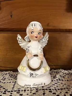 Vintage June Birthday Angel Figurine Holding A Golden Ring  good Condition Japan • $15.95