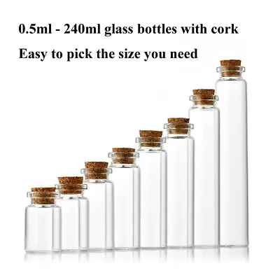 Wholesale 0.5ml - 240ml Clear Glass Bottles Empty Glass Bottle Cork Vials Jars • $7.01