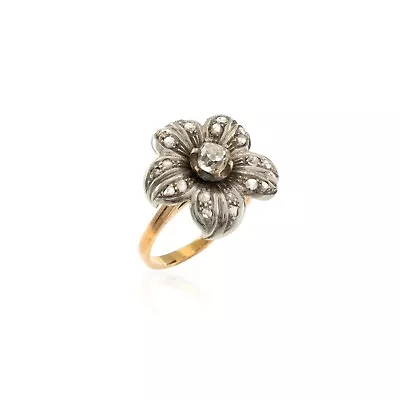 Antique Yellow Gold Ring Coroné Silver Flower  Diamond Rose Old Cut Miner Cut • $456