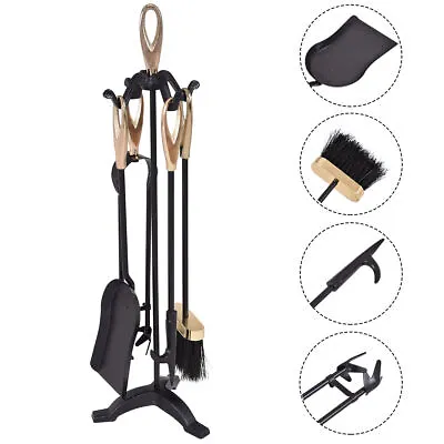 5 PCS Hearth Tool Fireplace Set Fire Tools Set Black Brass Home • $47.49