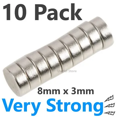 10 NEODYMIUM MAGNETS 8mm X 3mm Rare Earth Hobby Craft Jewellery Round Rings Disc • £2.99