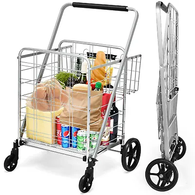 Heavy Duty Folding Shopping Cart Utility Jumbo Double Basket 330lbs Silver • $74.99